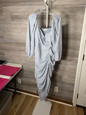 Astr Light Blue Ruched Puff Sleeve Midi Dress 2027